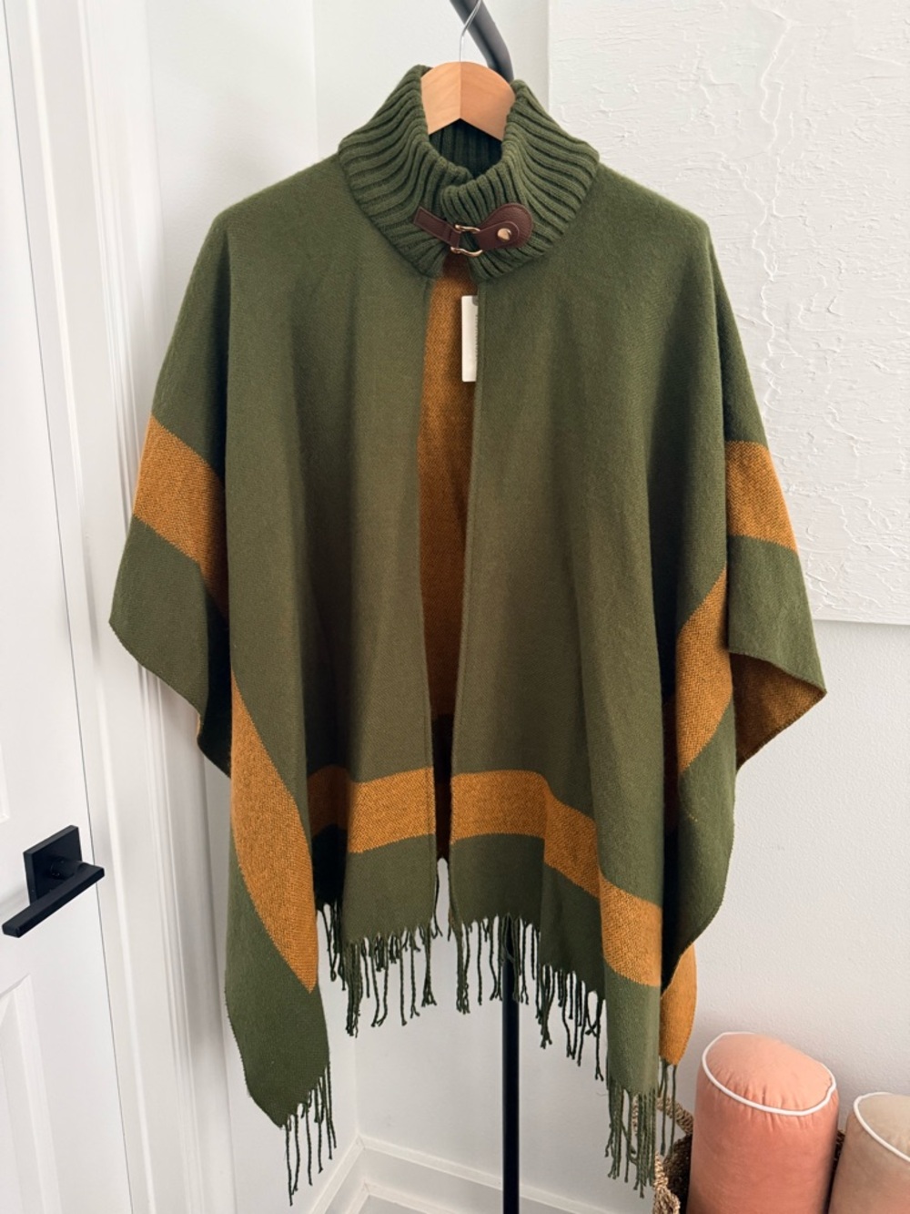 Anthropologie Olive Green and Mustard Fringe Poncho Cape